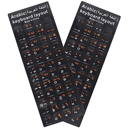 2 Pack Universal Arabic Keyboard Stickers, Black Background with Orange and White Lettering for Computer Laptop Notebook Desktop, Replacement Computer Keyboard Stickers (Arabic) - color: Arabic-black/Black Orange Letter