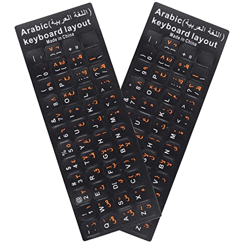 2 Pack Universal Arabic Keyboard Stickers, Black Background with Orange and White Lettering for Computer Laptop Notebook Desktop, Replacement Computer Keyboard Stickers (Arabic) - color: Arabic-black/Black Orange Letter