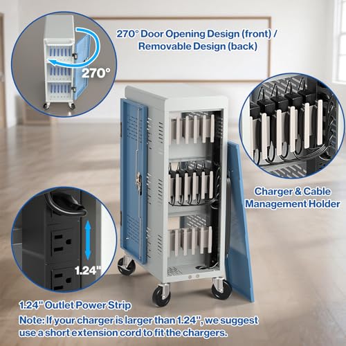 POCHAR Fully Assembled 18-Device Mobile Charging Cart for Chromebooks, Gray | Locking Laptop Cabinet with Cable Management, Cord Organization, Power Strip, Stores Tablets up to 14'' Screens