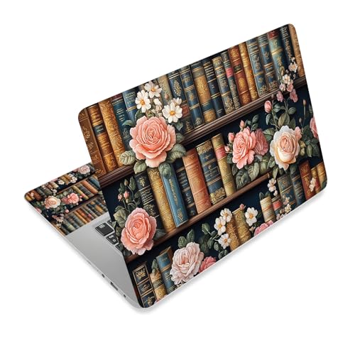 Universal Laptop Skin Sticker Decal,15.6 Inch Laptop Vinyl Cover for 13" 14" 15.6" Laptop,Scratch-Resistant Waterproof Protector Wrap,Reusable with Wrist Pads,Vintage Bookshelf with Rose - color: Vintage Bookshelf with Rose