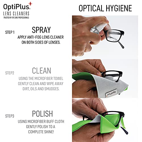 OptiPlus Anti-Fog Lens Cleaning Spray and Dual Microfiber Cloth | Streak-Free Cleaner and Defogging Spray for Glasses, Laptops Screens, Smart Phones, Optical Lens, Goggles, and Watch Screen l 2oz