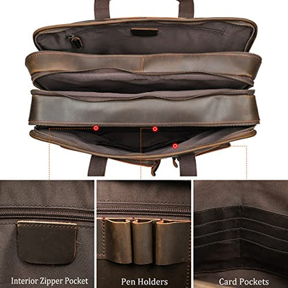 Polare 18.5” Full Grain Leather Laptop Briefcase Messenger Bag Tote For Men Large Fits 17.3” Laptop - color: Dark Brown(x-large)