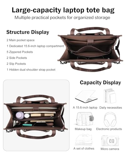 FADEON Laptop Bag for Women Designer PU Leather Large Tote Bags Backpack Purses with 15.6 Laptop Compartment Shoulder Handbag - color: Coffee Brown Retro Style