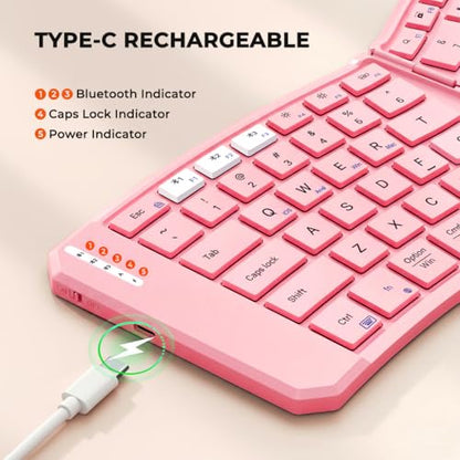 MEETION Foldable Ergonomic Bluetooth Keyboard, Split, Portable, Pink | Compact rechargeable folding keyboard with split ergonomic design, ideal for business travel, for Windows, Mac, iPad, Android - color: Pink