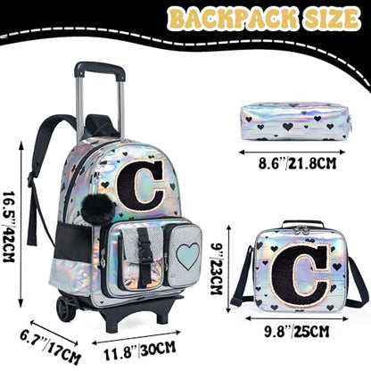 HTgroce Cute Rolling Backpack with Wheel,School Backpack for Kids Girl Roller Schoolbag Wheeled Backpacks Set Carry-on Luggage,Initial C - color: Silver, style: C