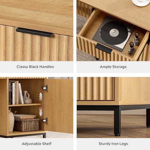 47" Fluted Executive Desk, Modern Wood Home Office Desk with Charging Station, Drawer & Cabinet, Computer Writing Desk for Work Study, Natural Oak - color: Natural Oak