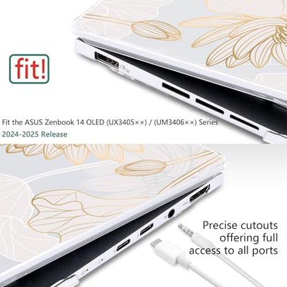 Batianda for ASUS Zenbook 14 OLED Case (UX3405 / UM3406) 2024 2025 Release, Slim Plastic Hard Shell Protective Cover with Artistic Designs, Ultra-Thin Lightweight Laptop Case, Golden Lotus - color: Golden Lotus