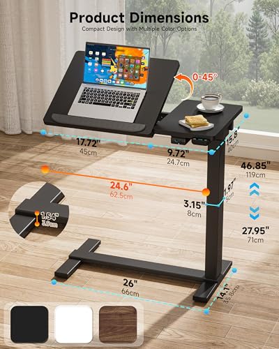 BIZUM Small Electric Standing Desk, Overbed Table Wireless Tilt Top with Hidden Wheels, 27.6×15.8 Inch Adjustable Rolling Laptop Desk, USB-C Rechargeable Battery, Black - color: Black
