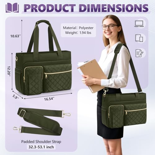 SDYSM Teacher Tote Bag 15.6 inch Laptop Bag Work Bags for Women Nurse Tote Professional Computer Messenger Shoulder Bags Laptop Briefcase for Office, College, Nursing, Olive Green - color: Olive Green