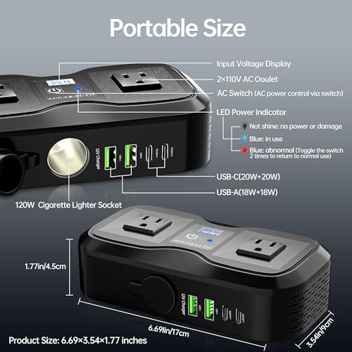 7 in 1 Car Power Inverter, 200W DC 12V to 110V AC Car Inverter with LED Voltmeter, 4-Port PD/QC3.0 Charge, 2 Car Outlets and Cigarette Lighter Adapter USB C Car Charger for All Car Devices - size: 200W