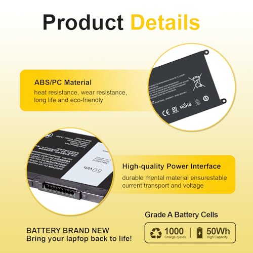 50WH WDX0R Laptop Battery Replacement for Dell Inspiron 13/15/17 5000/7000 5368 5378 7378 5568 5578 5580 5767 5770, Latitude 3180-3590, Vostro 5568 5468 Compatible WDXOR P69G 3CRH3 - size: WDX0R 8*4.5*0.25inch