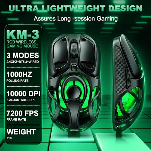 YPBDAN Tri-Mode Wireless Gaming Mouse with RGB, 10000 DPI | 2.4G/USB-C/Bluetooth 5.3 Mouse, 60H Battery, Ultra-Light Ergonomic Rechargeable Design for PC Mac Laptop