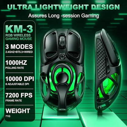 YPBDAN Tri-Mode Wireless Gaming Mouse with RGB, 10000 DPI | 2.4G/USB-C/Bluetooth 5.3 Mouse, 60H Battery, Ultra-Light Ergonomic Rechargeable Design for PC Mac Laptop