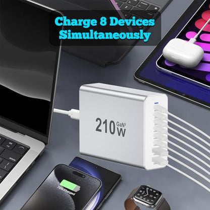 USB C Charger 210W Block, GaN 8-Port USB-C PD Fast Charging Station Desktop Hub, PD65W Laptop Charge Adapter Compatible with MacBook Pro/Air/DELL/Steam Deck/iPhone 16/15/Galaxy S22/S23 - color: silver