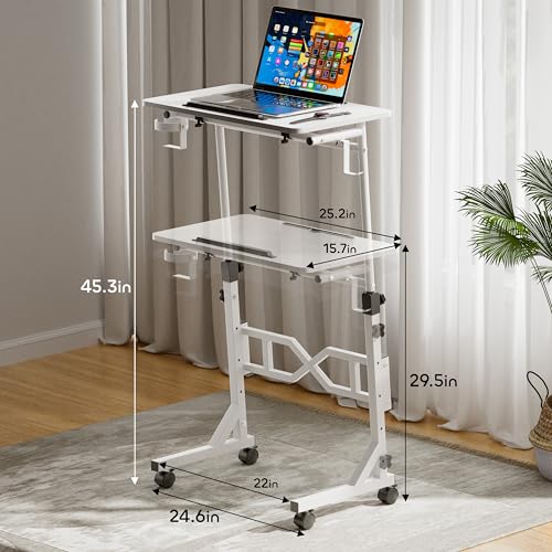 Oransail Small Standing Desk with Wheels, 29.5-45.3 Inch Adjustable Height, Portable Treadmill Desk, Rolling Computer Table for Walking Pad with a Cup Holder and a Hook - color: White