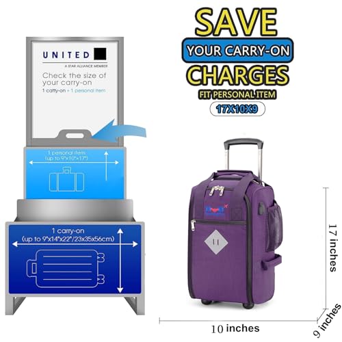 17x10x9 Inches United Airlines Rolling Personal Item Under Seat Duffle bags Suitable For Major Airlines Including Spirit, and Frontier Airline - color: Purplee