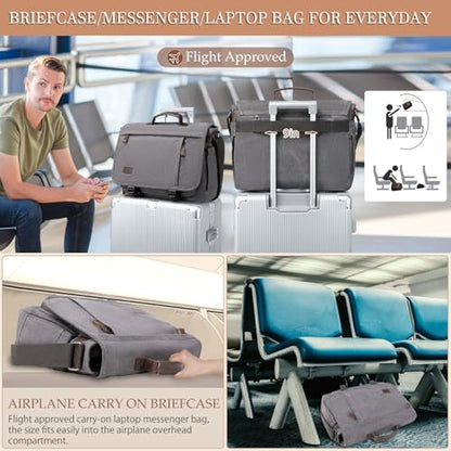 17.3 Inch Messenger Bag for Men: 2PCS Laptop Bag PU Leather Canvas Work Briefcase Large Office - color: Brown Grey