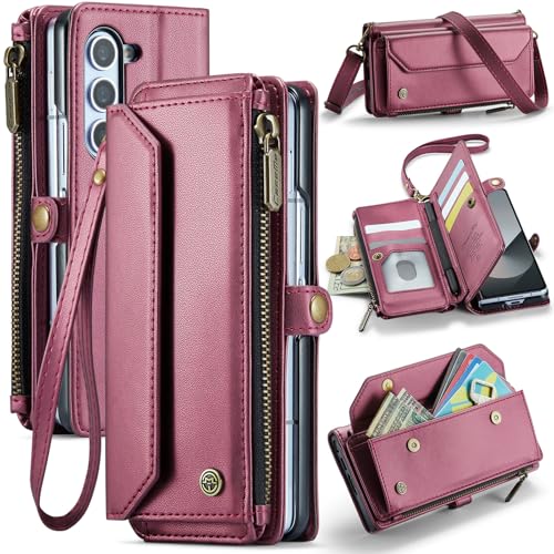 Dteck for Samsung Galaxy Z Fold 4 Flip Wallet Case with Shoulder/Wrist Strap, Built-in Elastic Pen Holder, Card Slots, Pocket, Button Closure, Stand Function, PU Leather Protective Folio Cover, Red - color: 01_Red, size: for Samsung Galaxy Z Fold 4