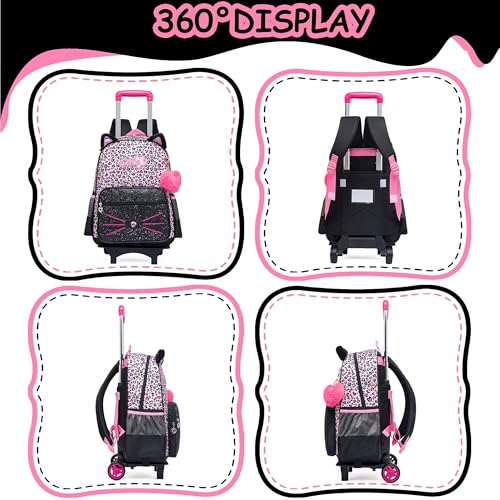 Rolling Backpack for Girls,Lightweight Backpack with Wheels for Kids 8-12,Wheeled School Backpack with Removable Trolley - color: Black Pink Cat