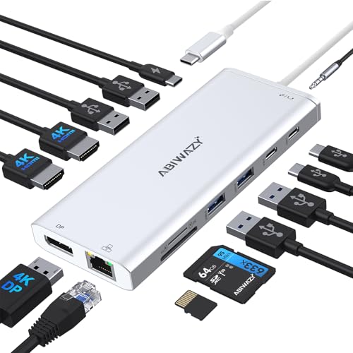 USB C Hub USB-C Docking Station Dual Monitor 14 in 1 Triple Display Multiport Adapter with 2 HDMI+DP+7 USB Type C/A Ports+Ethernet+Audio, USBC Dongle for Dell/HP/Lenovo ThinkPad/Surface(Sliver) | Multiport Adapter with 2 HDMI+DP+7 USB Type C/A Ports+Ether