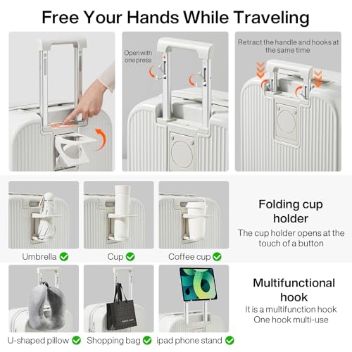 mixi Carry On Luggage with Cup Phone Holder Hard Shell Rolling Travel Suitcase with Spinner Wheels,20 Inch Smoke White - color: Smoke White, size: 20-inch