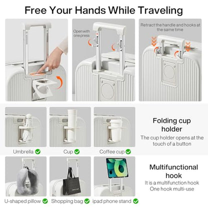 mixi Carry On Luggage with Cup Phone Holder Hard Shell Rolling Travel Suitcase with Spinner Wheels,20 Inch Smoke White - color: Smoke White, size: 20-inch