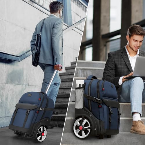 MATEIN Rolling Backpack with Wheels, Roller Backpack for Men Women, Blue | Combination Lock, Water Resistant, Anti Theft, Large Wheel, 17 Inch Laptop Compartment, Bag for Work Business Commute College - color: Blue
