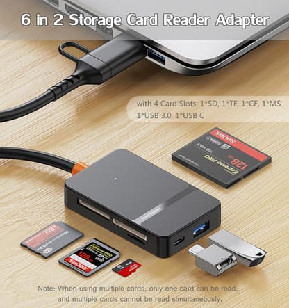 USB C USB 3.0 Dual Interface Multi Card Reader, OTG Adapter, with 4 Card Slots, USB C/A Ports, 5Gbps, 2TB Capacity, Suitable for SD MS CF TF Cards, Compatible with iPhone/iPad/MacBook/Samsung