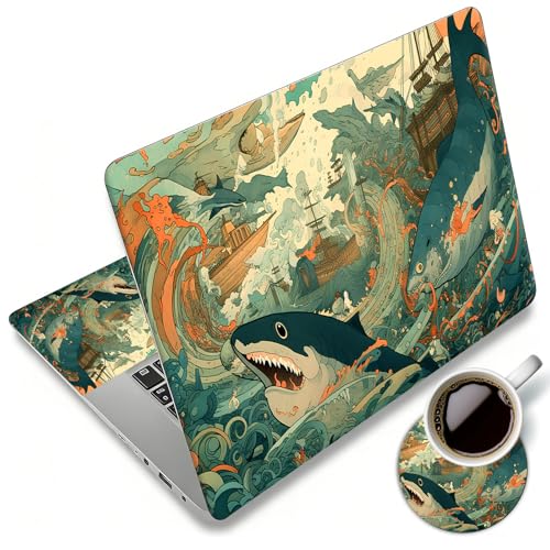 Laptop Skin Sticker Decal 12"-15.6" Universal Laptop/Notebook/Netbook Vinyl - Waterproof Scratch Resistant,Fits HP Dell Lenovo MacBook,2 Free Wrist Pads,Easy Apply & Remove,Cute Cartoon Shark - color: Cute Cartoon Shark