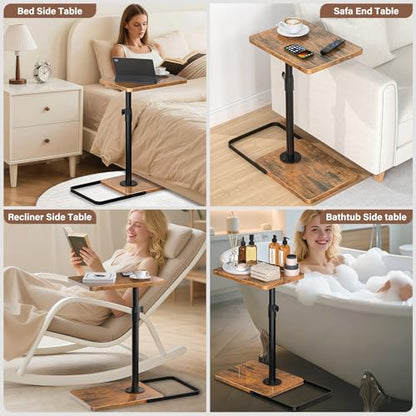 C Table End Table Adjustable Height, 360°Swivel TV Tray Table, Upgraded Metal and Wooden Base to Prevent Slipping, Couch Armrest Table Snack Tables for Laptop Sofa Bed Dinner or Small Space(Brown）