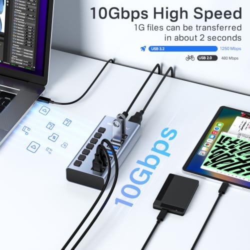 ACASIS Powered 7 Ports USB 3.2 Hub, 10Gbps Data Transfer, 24W Adapter | Individual On/Off Switch for Each Port • Aluminum Housing • Better Heat Dissipation • Plug & Play - size: 7 ports