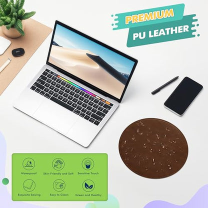 PU Leather Mouse Pad with Stitched Edge, Micro-Fiber Base, Non-Slip Waterproof for Computers, Laptop - Round 9 x 9 Inch (Dark Caramel Brown) - color: Dark Caramel Brown, size: 9L x 9W inches