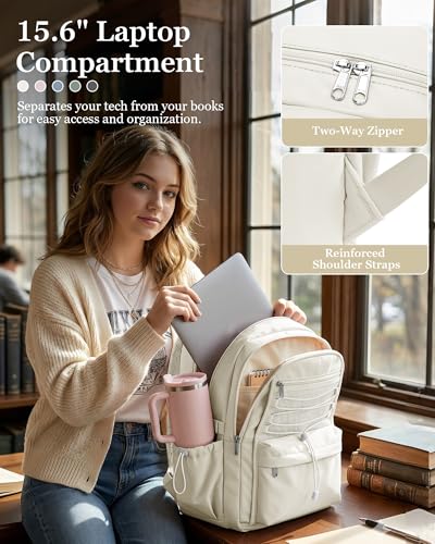 suwasp College Backpack for Women, Waterproof Laptop Backpack Fits 15.6 Inch Laptop, School Bookbag with Water Bottle Pocket, Anti Theft Work Backpack for College, Travel, Commuter - color: Milky White