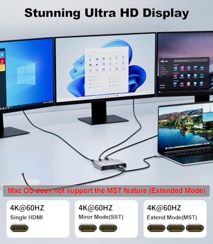 USB C to 3 HDMI Adapter with 100W PD Charging, Triple 4K60Hz Monitor Extender for Dell/Surface Pro/HP, HDMI Splitter Extended Display Hub, Plug & Play Laptop Multi-Screen Adapter