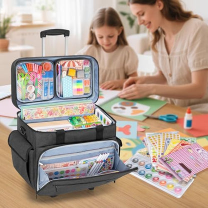 Teamoy Rolling Scrapbook Tote, Craft Bag with Detachable Wheels, Black | Scrapbook Storage Bag with Bottom Wooden Pad, 2 detachable zipper pouches, Shoulder Straps for Paper, Ablum - color: Black