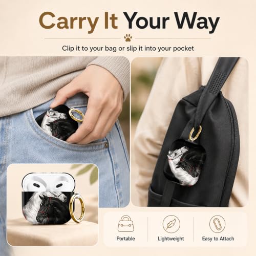 Compatible with AirPod 4 Case 2024, Cute Hard Plastic Protective Cover for Airpod 4th Generation Women, Shockproof Shell Skin with Gold Ring Keychain,Black White Horses - color: Black White Horses