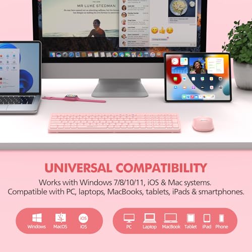 Pink Wireless Keyboard and Mouse Combo for Desktop Mac iPad Bluetooth 2.4 Ghz Rechargeable Slim Silent Click with Number Pad Compatible with Pc, Laptop, Tablet (Pink) - color: Pink