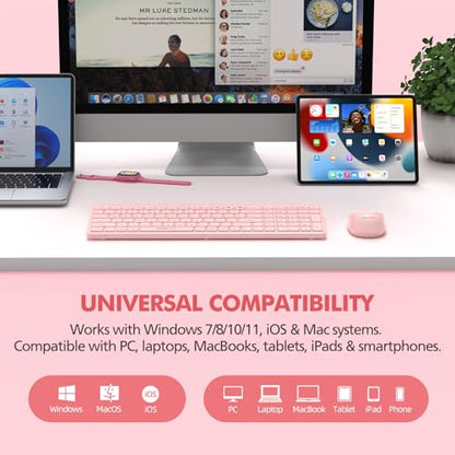 Pink Wireless Keyboard and Mouse Combo for Desktop Mac iPad Bluetooth 2.4 Ghz Rechargeable Slim Silent Click with Number Pad Compatible with Pc, Laptop, Tablet (Pink) - color: Pink