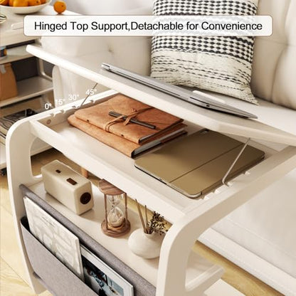AQIMUELE Rolling Side Table, C Shaped End Table, C Table with 4 Wheels Solid Wood Small Rolling Desk with Adjustable Desktop,C Shaped End Table for Couch,Home Office(15.6" D x 23.6" W x 24.3" H) - color: White, size: 15.6"D x 23.6"W x 24.8"H, style: Moder