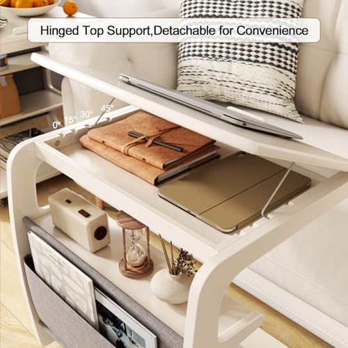 AQIMUELE Rolling Side Table, C Shaped End Table, C Table with 4 Wheels Solid Wood Small Rolling Desk with Adjustable Desktop,C Shaped End Table for Couch,Home Office(15.6" D x 23.6" W x 24.3" H) - color: White, size: 15.6"D x 23.6"W x 24.8"H, style: Moder