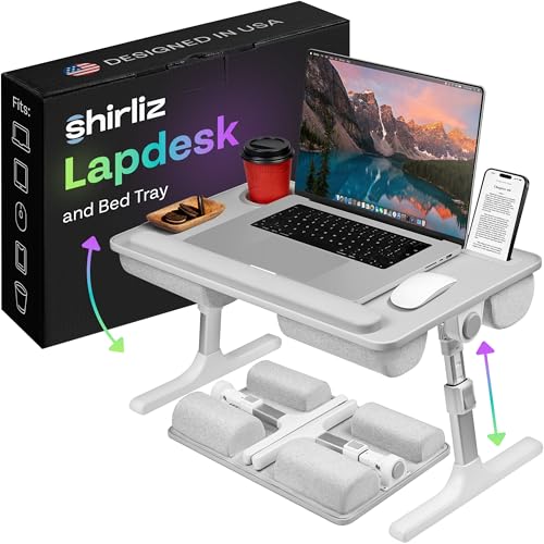 Lap Desk with Legs & Cushions: 2-in-1 Foldable Bed Desk for Adults - One-Touch Height Adjustment, Bed Table Tray Hold: up to 15.6“ Laptop, Mouse Cup Phone - Laptop Stand Desks for Bed (Gray) - color: Gray