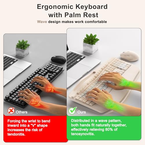 Wireless Keyboard and Mouse Combo, 2.4G Full Size Wave Keys Ergonomic Keyboard with Wrist Rest, Phone Holder, 3-Level DPI Wireless Silent Mouse with 6-Buttons, for Windows (Milk Tea-B) - color: Milk Tea-B