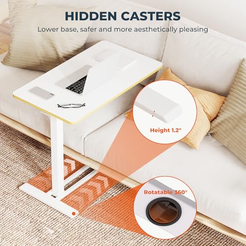 28'' Medical Overbed Bedside Table with Wheels,Rolling Table | 28''x16'' White Pneumatic Tilting Desktop,Overbed Bedside Table with Hidden Casters for Hospital Use - color: White, size: Small