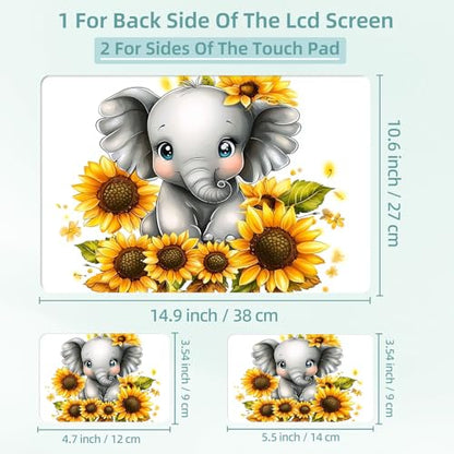Universal Laptop Skin Decal, 3-Piece Vinyl Protector for 12 13 14 15.6" Notebook, Waterproof Anti-Scratch, Easy Trim & Bubble-Free Finish, Baby Elephant Sitting on Sunflowers - color: Baby Elephant Sitting on Sunflowers