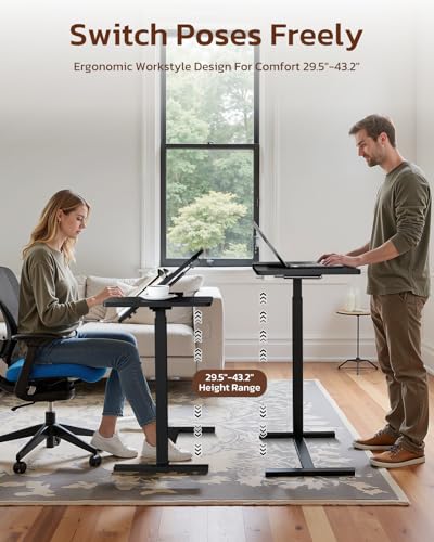 Simple Deluxe Standing Rolling Desk with Hidden Casters, Height Adjustable Pneumatic Mobile Laptop Desk, Tilting Bedside Table for Laptop, Overbed Bedside Table Hospital Home Use, Black - color: Black, style: Tiltable