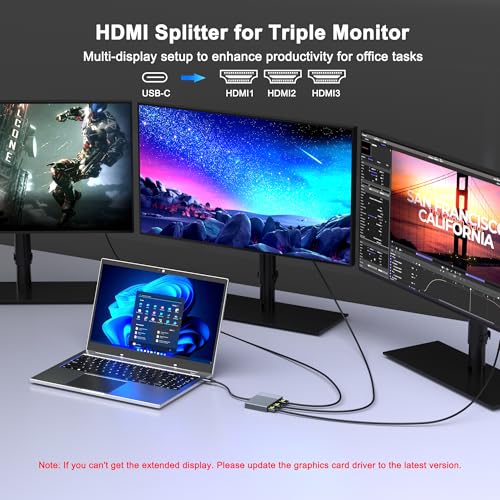USB C to 3 HDMI Adapter with PD 100W/USB3.0, 4K@60Hz 3 Way HDMI Splitter Extended Display for 3 Monitors, Triple Monitor Docking Station for Dell/HP/Mac Laptop, SST/MST USBC Hub for Multiple Monitors
