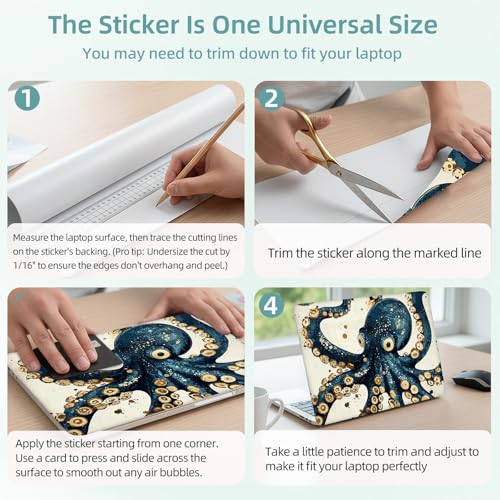 Universal Laptop Skin Decal, 3-Piece Vinyl Protector for 12 13 14 15.6" Notebook, Waterproof Anti-Scratch, Easy Trim & Bubble-Free Finish, Octopus Skin Gold Foil Accents Teal - color: Octopus Skin Gold Foil Accents Teal
