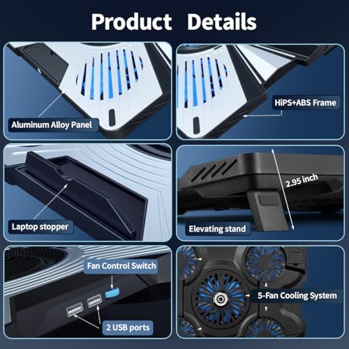 IMMOENUC Laptop Cooling Pad with 5 Fans & Peltier Device Ultra-Quiet Semiconductor Panel Cooler Stand, Adjustable Speed + Stand for 13-19 Inch Laptops (MacBook/Dell/HP) Fast Cooling Notebook