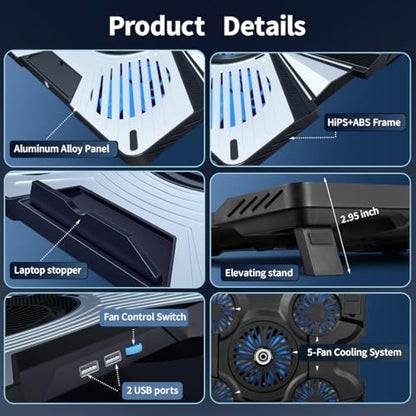 IMMOENUC Laptop Cooling Pad with 5 Fans & Peltier Device Ultra-Quiet Semiconductor Panel Cooler Stand, Adjustable Speed + Stand for 13-19 Inch Laptops (MacBook/Dell/HP) Fast Cooling Notebook
