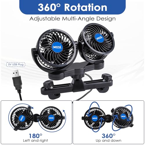 XOOL USB Dual Head Backseat Car Fan – 360° Rotatable Rear Seat Air Circulator with Stepless Speed & Adjustable Clip for Kids in SUV, Truck, RV - size: USB Dual Fan - Rear (Stepless)